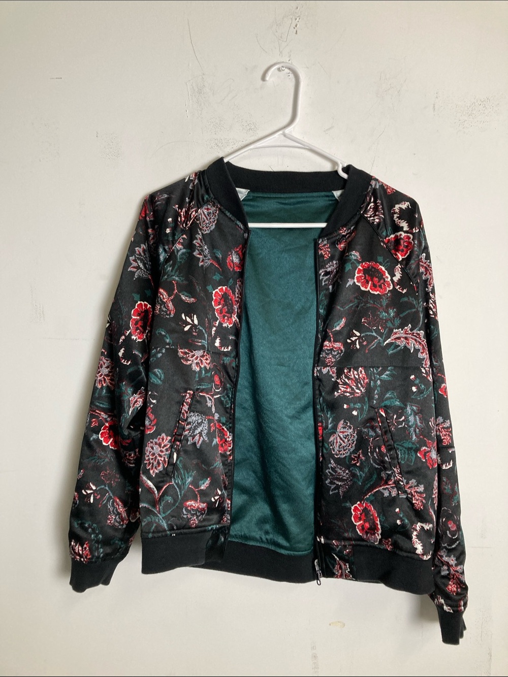 Karl Marc John Black Floral Satin Bomber Jacket with Teal Lining